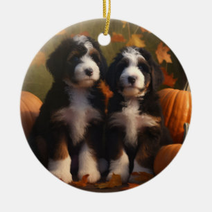 Bernedoodle Puppy Herfst Verrukking Pompoen Keramisch Ornament