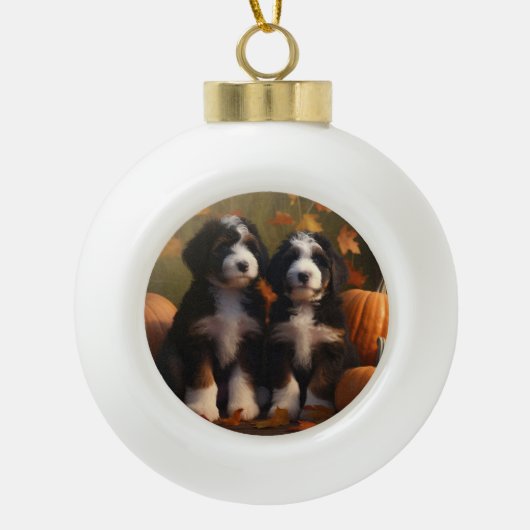 Bernedoodle Puppy Herfst Verrukking Pompoen Keramische Bal Ornament (Voorkant)