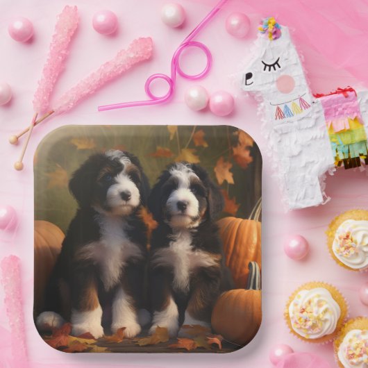 Bernedoodle Puppy Herfst Verrukking Pompoen Papieren Bordje (Feest)