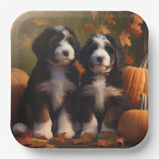 Bernedoodle Puppy Herfst Verrukking Pompoen Papieren Bordje (Voorkant)