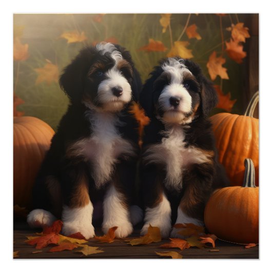 Bernedoodle Puppy Herfst Verrukking Pompoen Perfect Poster (Voorkant)