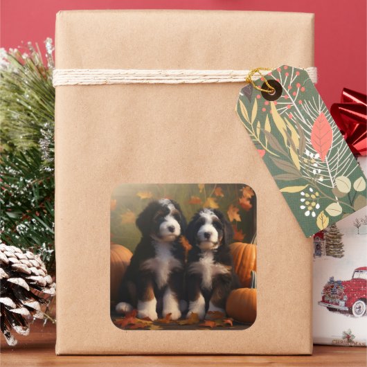 Bernedoodle Puppy Herfst Verrukking Pompoen Vierkante Sticker (Feestdagen)