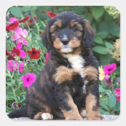 Bernedoodle puppy in petunia's vierkante sticker (Voorkant)