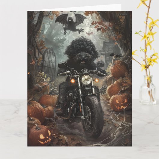 Bernedoodle Rijden Motorfiets Halloween Eng Kaart (Gele Bloem)