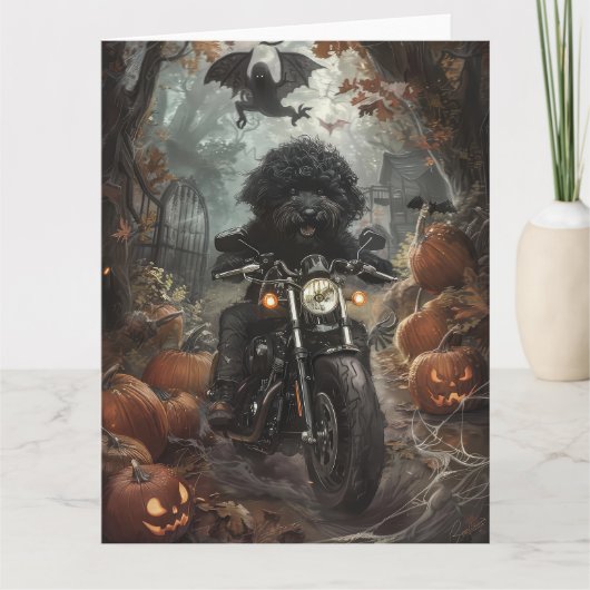 Bernedoodle Rijden Motorfiets Halloween Eng Kaart (Voorkant)