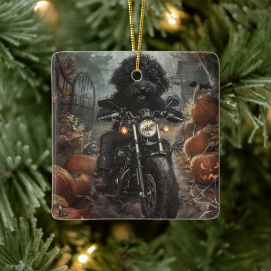 Bernedoodle Rijden Motorfiets Halloween Eng Keramisch Ornament (Boom)