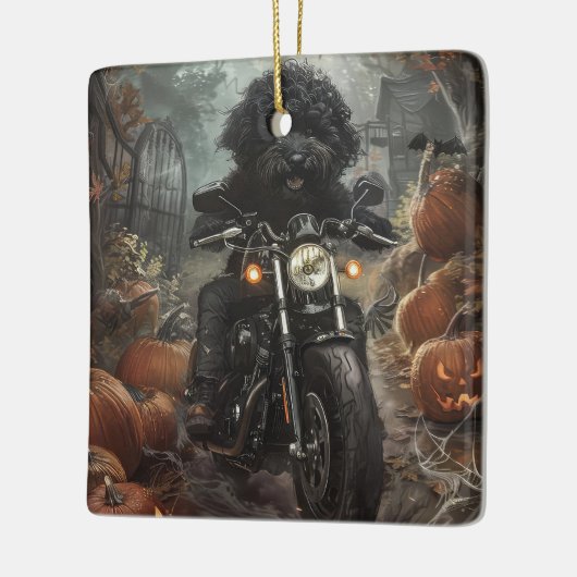 Bernedoodle Rijden Motorfiets Halloween Eng Keramisch Ornament (Links)