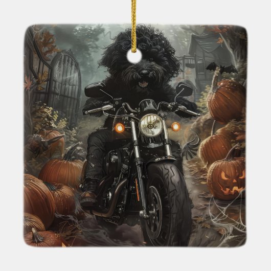 Bernedoodle Rijden Motorfiets Halloween Eng Keramisch Ornament (Achterkant)