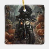 Bernedoodle Rijden Motorfiets Halloween Eng Keramisch Ornament (Voorkant)