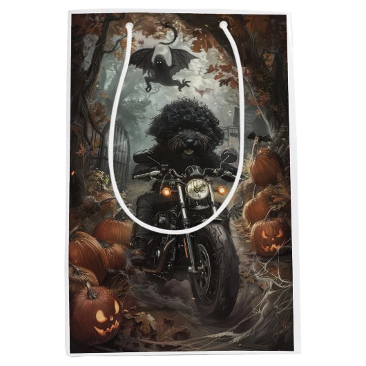 Bernedoodle Rijden Motorfiets Halloween Eng Medium Cadeauzakje (Voorkant)