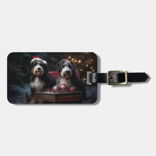Bernedoodle Sneeuw Slede Kerst Decoratie Bagagelabel (Voorkant horizontaal)
