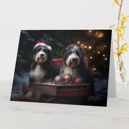 Bernedoodle Sneeuw slee Kerst Decoratie Kaart (Gele Bloem)