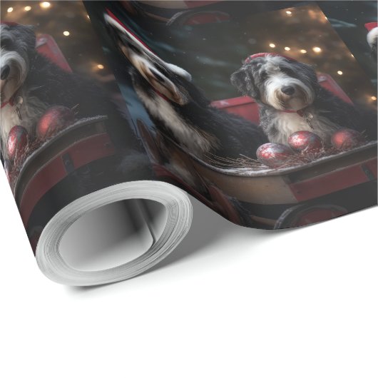 Bernedoodle Snowy Sleigh Kerstdecoratie Cadeaupapier (Rol Hoek)