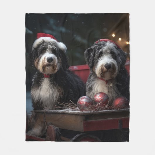 Bernedoodle Snowy Sleigh Kerstdecoratie Fleece Deken (Voorkant)