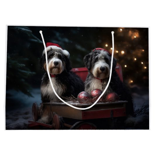 Bernedoodle Snowy Sleigh Kerstdecoratie Groot Cadeauzakje (Achterkant)