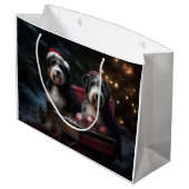 Bernedoodle Snowy Sleigh Kerstdecoratie Groot Cadeauzakje (Achterkant Gekanteld)