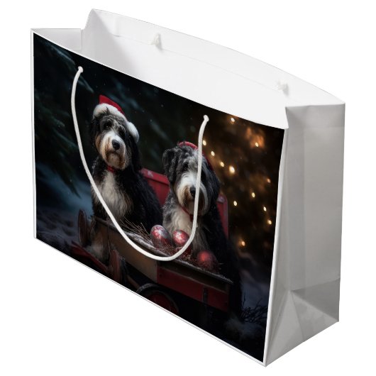 Bernedoodle Snowy Sleigh Kerstdecoratie Groot Cadeauzakje (Achterkant Gekanteld)