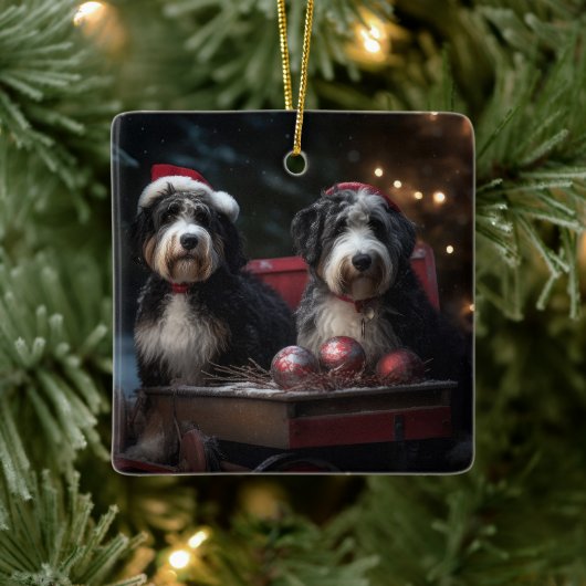 Bernedoodle Snowy Sleigh Kerstdecoratie Keramisch Ornament (Boom)
