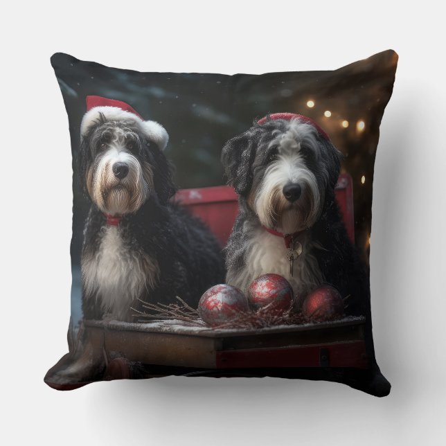 Bernedoodle Snowy Sleigh Kerstdecoratie Kussen (Voorkant)