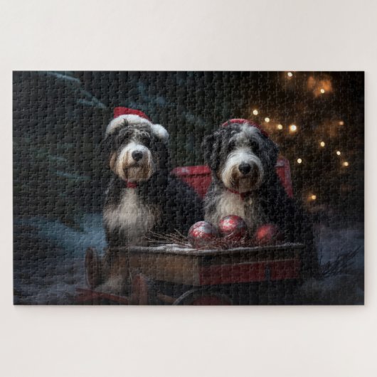 Bernedoodle Snowy Sleigh Kerstdecoratie Legpuzzel (Horizontaal)
