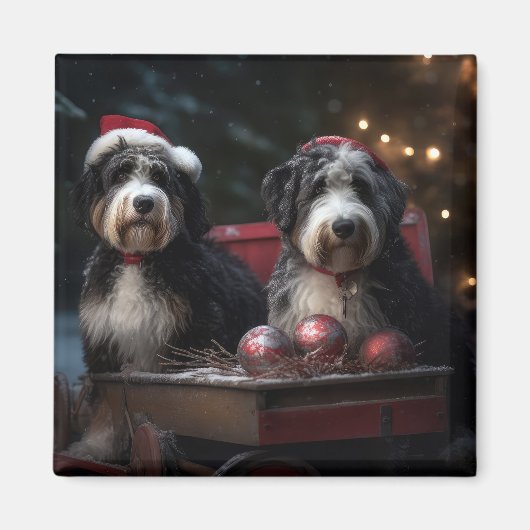 Bernedoodle Snowy Sleigh Kerstdecoratie Magneet (Voorkant)