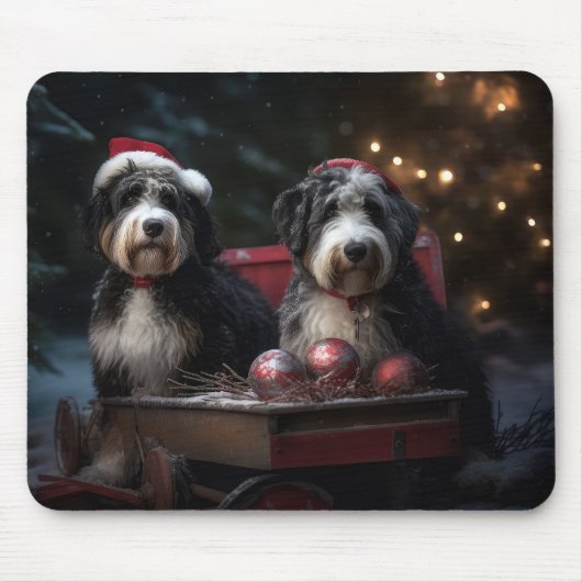 Bernedoodle Snowy Sleigh Kerstdecoratie Muismat (Voorkant)