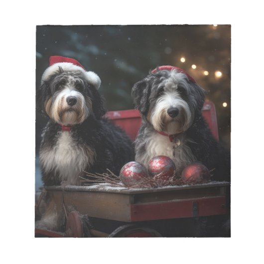 Bernedoodle Snowy Sleigh Kerstdecoratie Notitieblok (Voorkant)