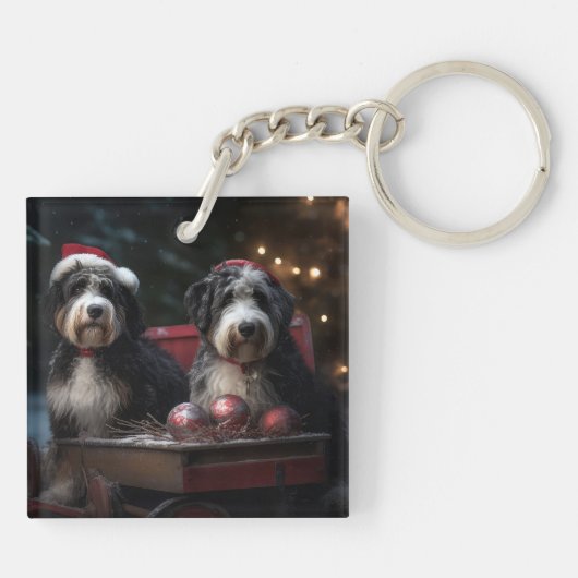 Bernedoodle Snowy Sleigh Kerstdecoratie Sleutelhanger (Achterkant)