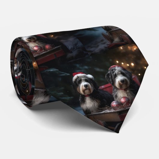 Bernedoodle Snowy Sleigh Kerstdecoratie Stropdas (Opgerold)