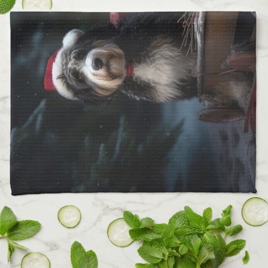 Bernedoodle Snowy Sleigh Kerstdecoratie Theedoek (Gevouwen)