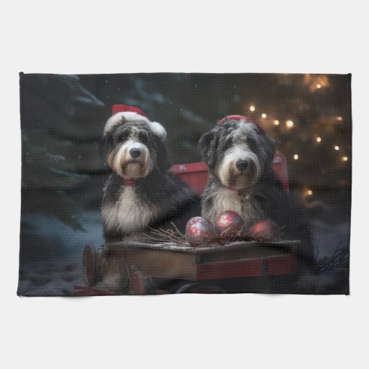 Bernedoodle Snowy Sleigh Kerstdecoratie Theedoek (Horizontaal)