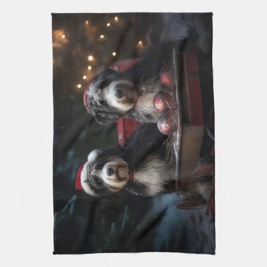 Bernedoodle Snowy Sleigh Kerstdecoratie Theedoek (Verticaal)