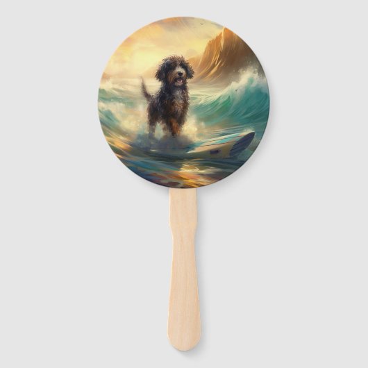 Bernedoodle Strand Surfen Schilderij Handwaaier (Achterkant)