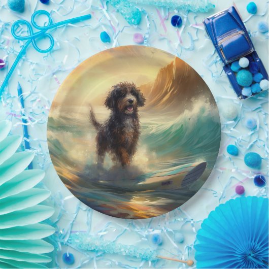 Bernedoodle Strand Surfen Schilderij Papieren Bordje (Feest)