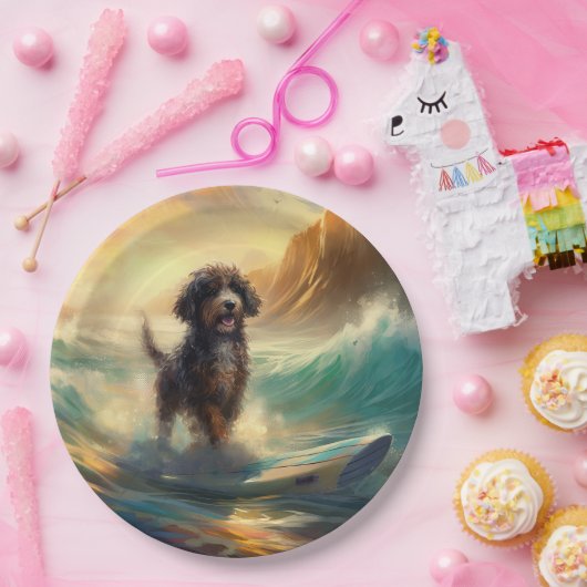 Bernedoodle Strand Surfen Schilderij Papieren Bordje (Feest)