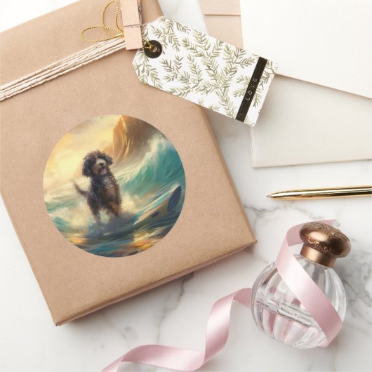 Bernedoodle Strand Surfen Schilderij Ronde Sticker (Geschenken)