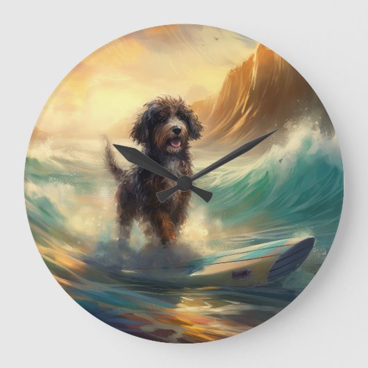 Bernedoodle Strand Surfing Schilderij Grote Klok (Voorkant)