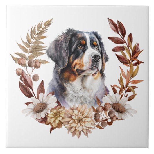 Berner Berg Hond Herfst krans Tegeltje (Voorkant)
