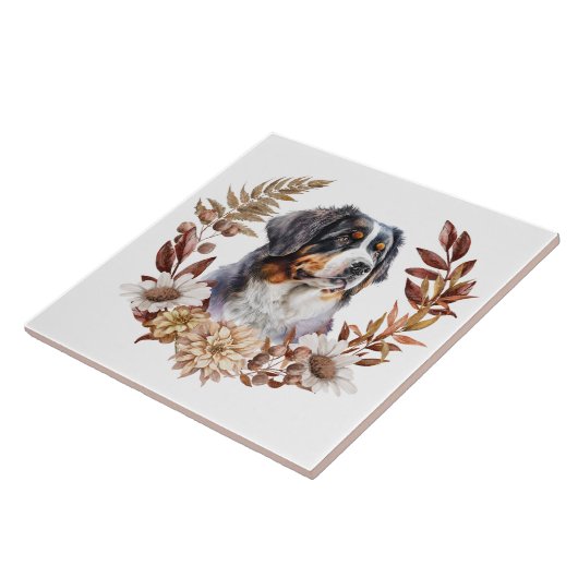 Berner Berg Hond Herfst krans Tegeltje (Zijkant)