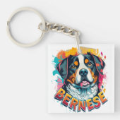 Berner Berg Hond Hoofd Levendige Kleur Splash Sleutelhanger (voorkant)