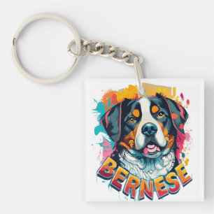 Berner Berg Hond Hoofd Levendige Kleur Splash Sleutelhanger