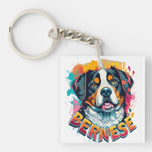Berner Berg Hond Hoofd Levendige Kleur Splash Sleutelhanger (voorkant)