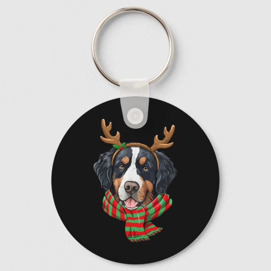 Berner Berg Hond Kerstmis Rendier Santa Hoed Sleutelhanger (Voorkant)