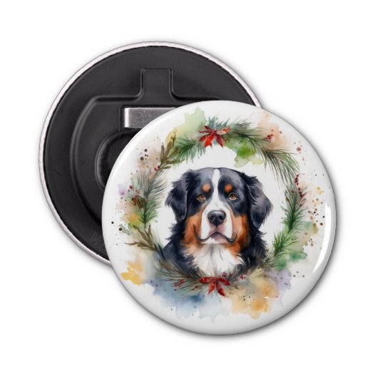 Berner Berg Kerstkrans Feestelijke Pup Button Flesopener (Voorkant)