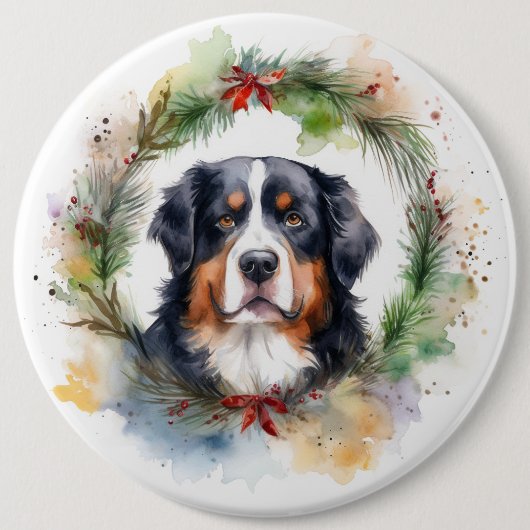 Berner Berg Kerstkrans Feestelijke Pup Ronde Button 6,0 Cm (Voorkant)