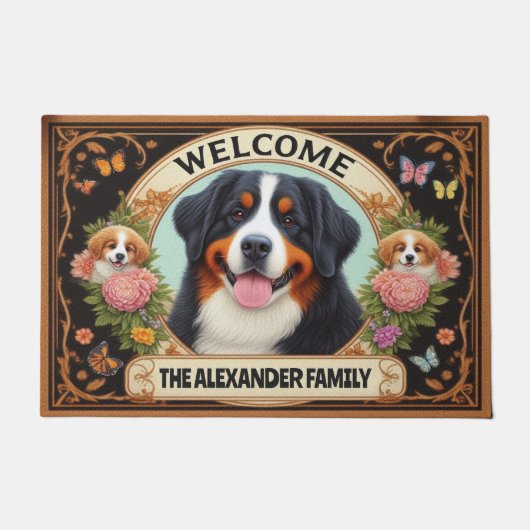 Berner Berghond Bloemen Familienaam Welkom Deurmat (Voorkant)