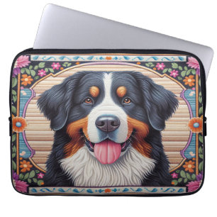 Berner Berghond Bloemen Kleurrijke Rand Laptop Sleeve