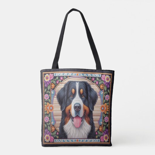 Berner Berghond Bloemen Kleurrijke Rand Tote Bag (Achterkant)