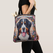 Berner Berghond Bloemen Kleurrijke Rand Tote Bag (Dichtbij)