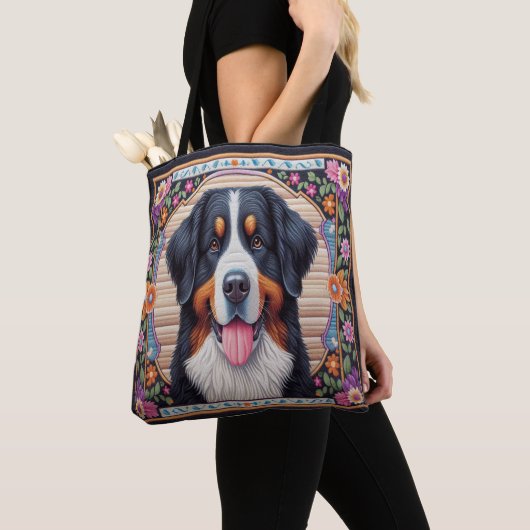 Berner Berghond Bloemen Kleurrijke Rand Tote Bag (Dichtbij)